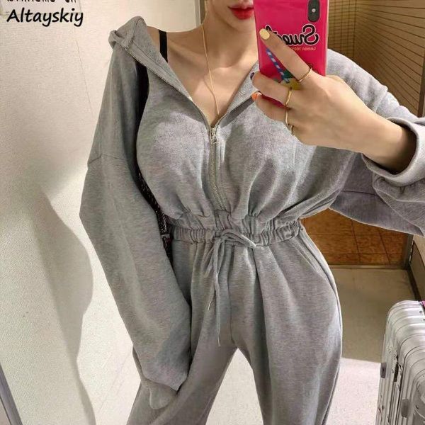 

women's jumpsuits & rompers women ladies solid loose zipper elastic waist full length hooded streetwear womens clothing harajuku kpop c, Black;white