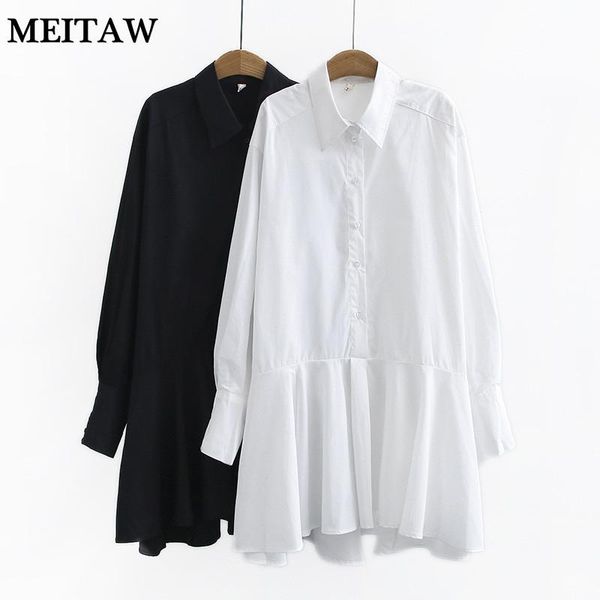 

casual dresses 2021 autumn spring lapel neck mini shirts dress ladies long sleeve button cotton female ruffle loose work office, Black;gray