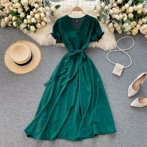 

dresses vintage v-neck short puff sleeve green/blue/red midi dress women elegant high waist a-line vestidos with sashes summer new, Black;gray