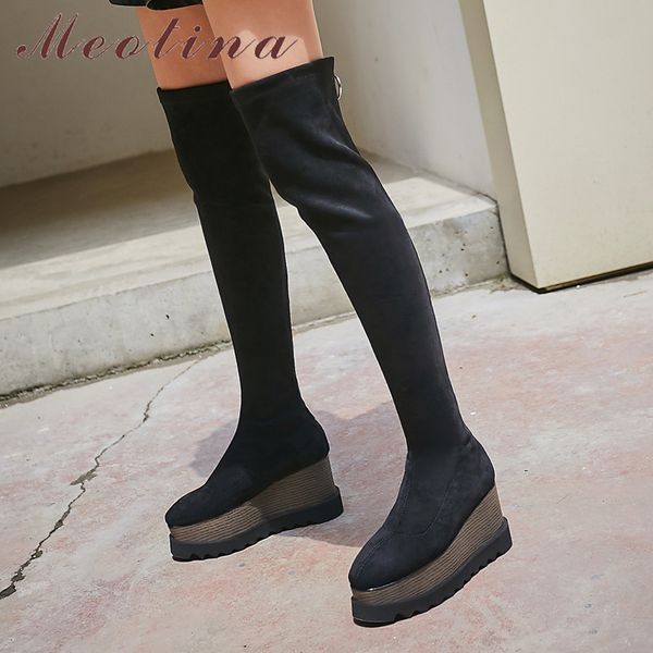 Kış Uyluk Yüksek Çizmeler Kadın Fermuar Platformu Kama Topuk Diz Üzerinde Ince Süper Ayakkabı Lady Sonbahar 3-10 210517
