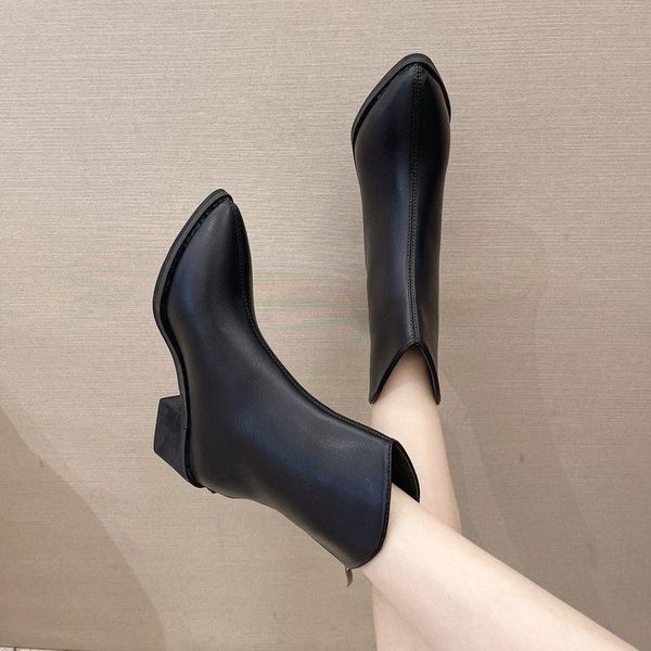 

boots women's autumn and winter 2021 british retro western cowboy pointed thick heel zipper, Black