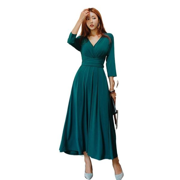 

v-neck basic long midi dress women sleeve bow belt spring party a-line elegant office lady vintage korean casual dresses, Black;gray