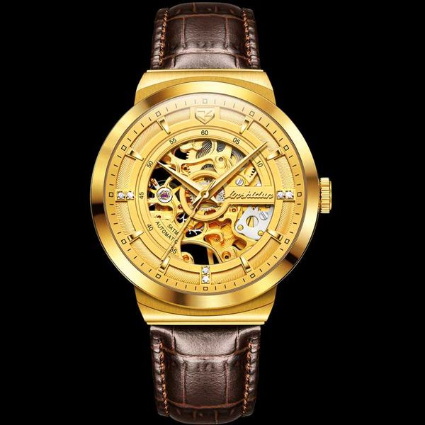 

wristwatches mens gold skeleton watch fashion men mechanical waterproof business watches for reloj hombre, Slivery;brown