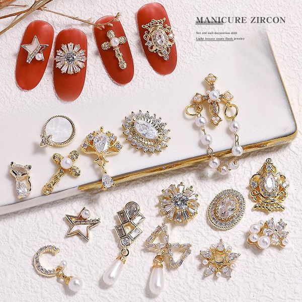 

5pcs/lot 3d zircon alloy cross star nail art decorations pearl crystal rhinestones nails accessories jewelry supplies charms, Silver;gold
