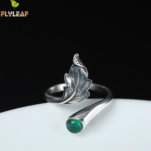 

cluster rings flyleaf brand 100% 925 sterling silver green natural jade feather leaves open for women vintage chinese style jewelry, Golden;silver