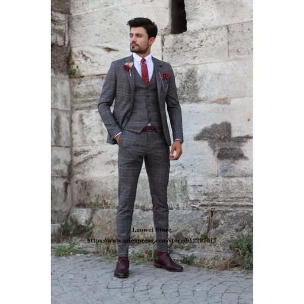 

men's suits & blazers classic tweed plaid mens wedding groom tuxedo formal business slim blazer 3 piece sets costume homme (jacket+vest, White;black