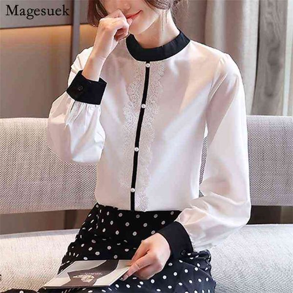 

women fashion long sleeve o-neck autumn solid white chiffon blouse office lady shirts with lace blouses 10666 210518