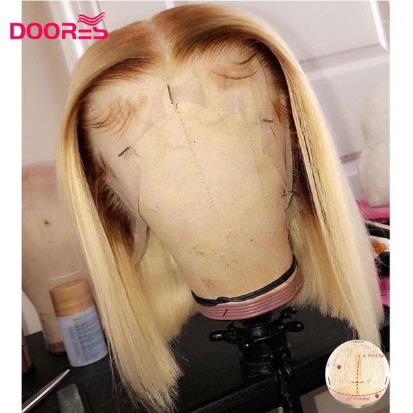 

straight blonde lace part wig 150% 180% ombre 613 bob remy 13x1+4x1 t transparent human hair wigs for black women m1, Black;brown
