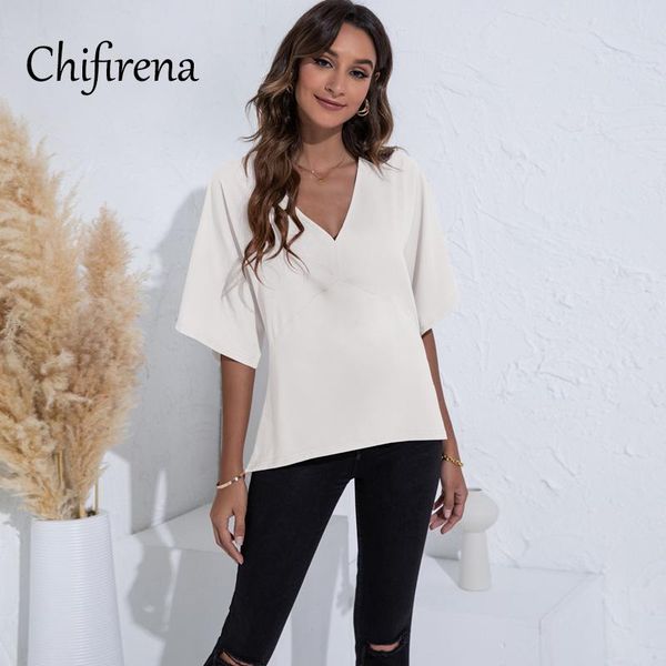 

women's blouses & shirts chifirena summer women blouse 2021 flying sleeve chiffon elegant loose v neck solid basic female holiday blusa, White