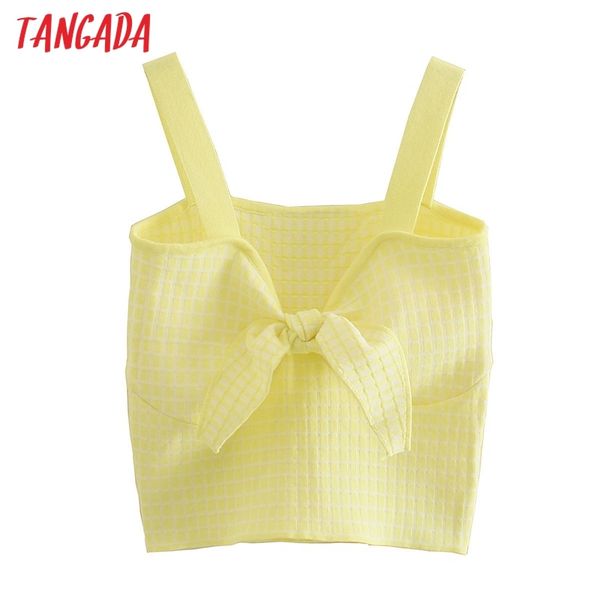 

women yellow plaid patter bow strethy tank sleeveless backless female knit 3n28 210416, White
