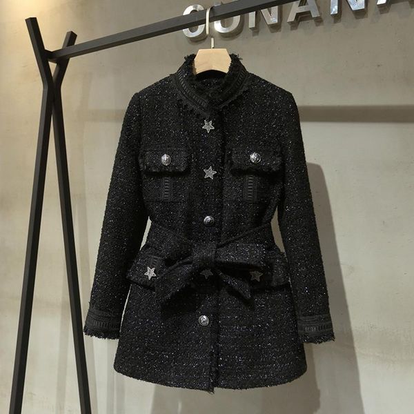 

women's wool & blends autumn winter ol elegant coat fashion belt woollen b424, Black