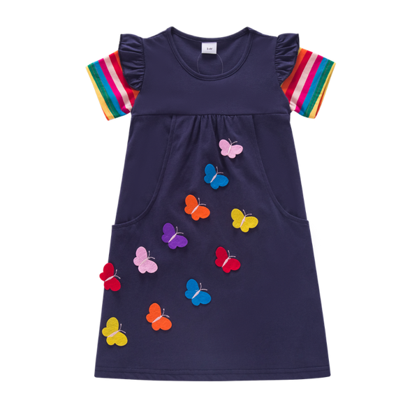

girls short sleeve dress summer product pure cotton rainbow pocket design butterfly embroidered sh5803 girl's dresses, Red;yellow