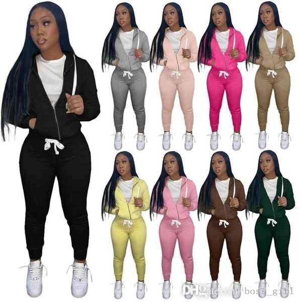 

women two piece pants outfits twill sweater fabric zipper long sleeve hoodies sweatpant jogger suit plus size sportswear fall winter, White