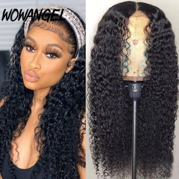 

wowangel brazilian wig 4x4 lace closure kinky curly human hair preplucked wigs for women remy with baby1, Black;brown