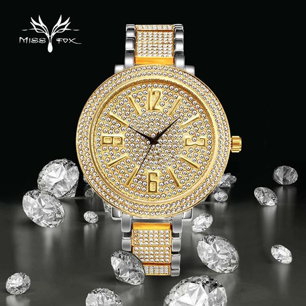 

wristwatches missfox man watch luxury gold and silver business stylish male dimond dial time big number quartz watches for men items 2021, Slivery;brown