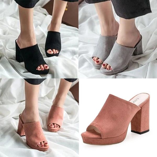 

slippers women high heels slides block chunky mules open toe peep shoes summer faux suede square heel, Black