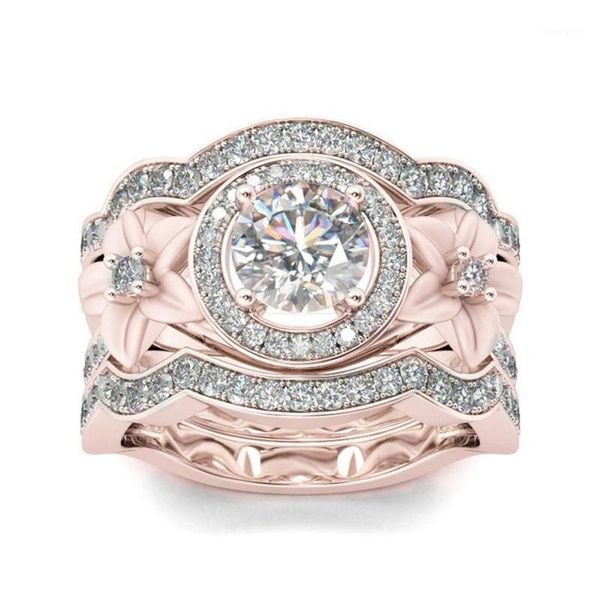 

cluster rings kofsac silver color for women exquisite micro inlay zircon flower three-piece combination ring lady engagement jewelry1, Golden;silver