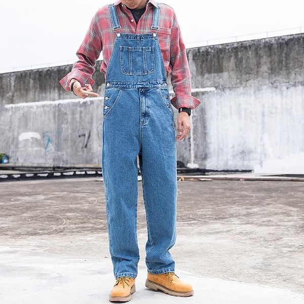 

men's jeans overalls plus size bib pants loose straight cargo retro pocket zipper mens clothing lugentolo, Blue