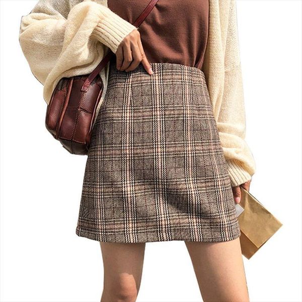 

womens high waist plaid skirt woolen short casual, Black