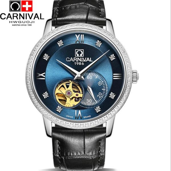 

luxury business men crystals watches brand carnival skeleton mechanical self-winding real leather wristwatch water proof wristwatches, Slivery;brown