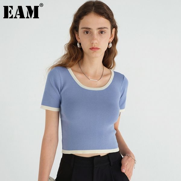 

[eam] women green orange slim knitting spliced t-shirt round neck short sleeve fashion spring summer 1dd6865 210512, White;black