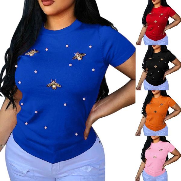 

summer fashion solid women t shirt short sleeve casual fit round neck basic beading red shirts for, White
