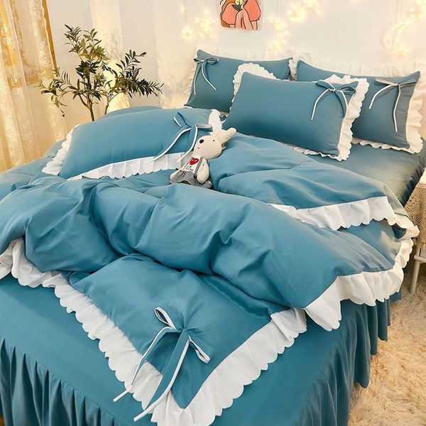 

bedding sets 2021 blue lace set full  king bedspread princess duvet cover pillowcase girls bed skirt bedclothes