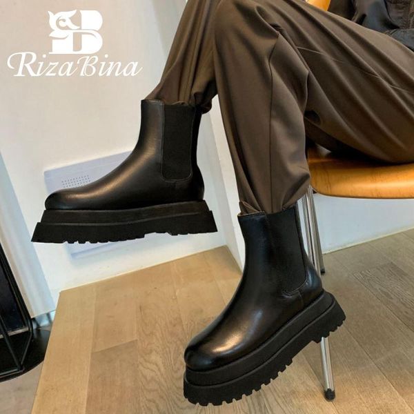 

boots rizabina women real leather ankle shoes round toe slip on thick bottom elastic cool short footwear size 34-40, Black