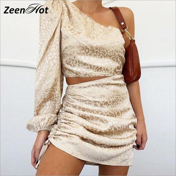 

summer satin women mini dress leopard hollow out one shoulder ruched bandage dresses backless club party vestidos casual, Black;gray