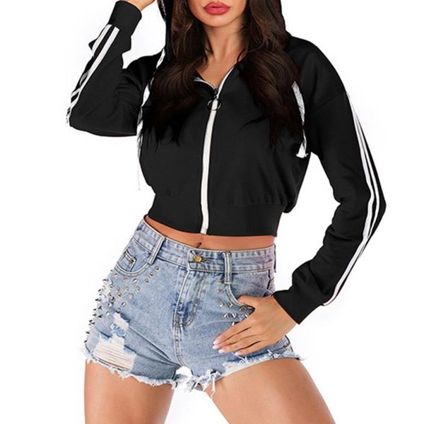 

women's hoodies & sweatshirts women stripes long sleeve hoodie jacket full zip drawstring cropped sweatshirt d08e, Black