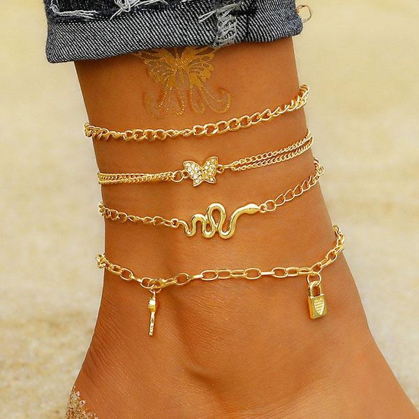 

anklets 4pcs/set cute butterfly snake anklet lady bohemia 2021 fashion summer beach sandals key padlock pendant girl jewelry, Red;blue
