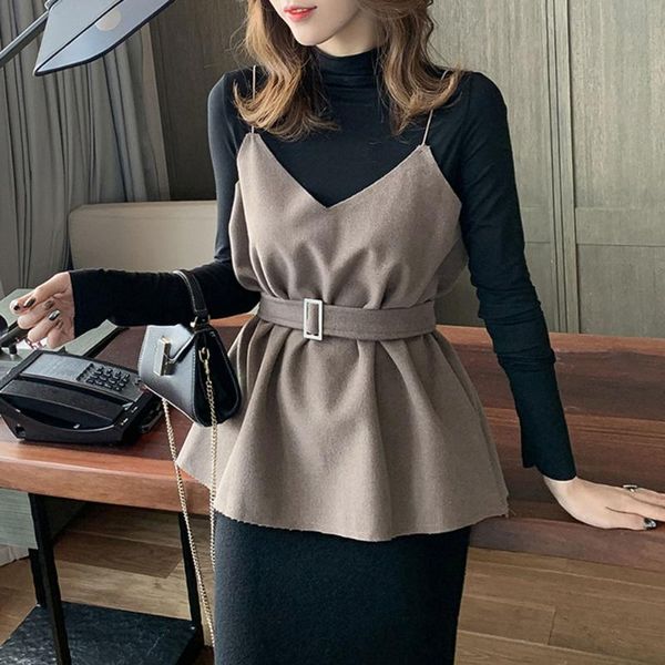 

two piece dress set women autumn office ladies elegant sling and long sleeve basic t-shirt causal 2 suits korean woman sets, White
