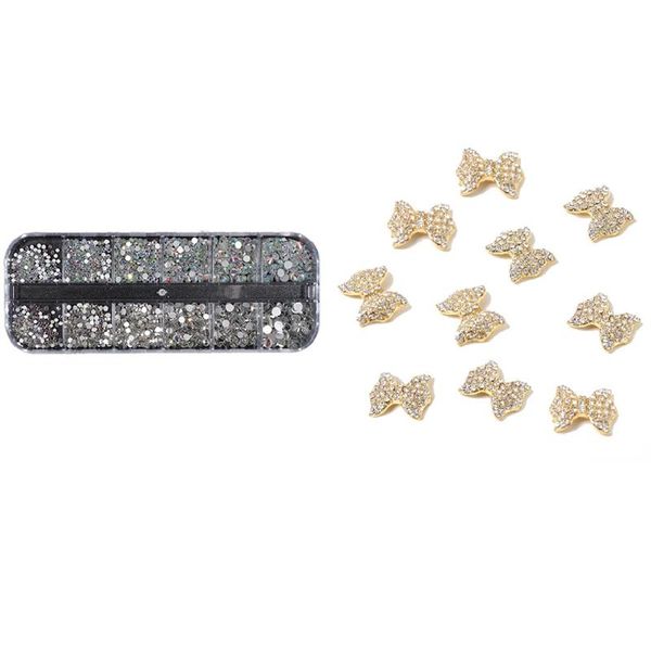 

watering equipments 10pcs bow tie 3d rhinestone nail art tips slice decoration & 1 box glitter crystal rhinestones set mixed rainbow