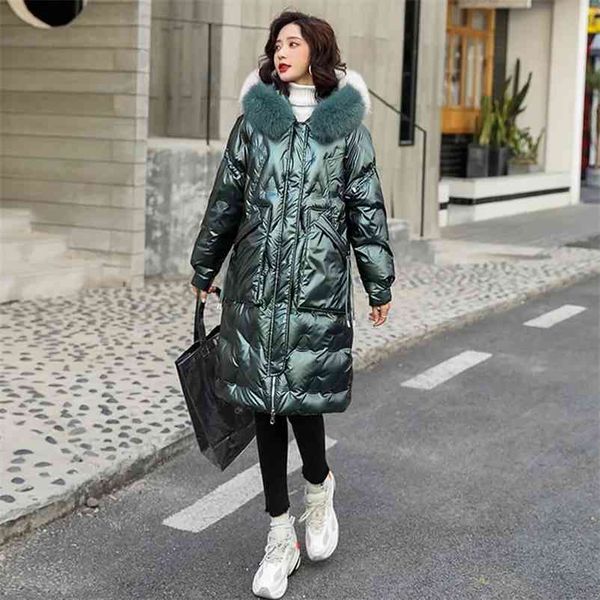 

winter women real fur collar gold 90% white duck down coat female long sleeve thick warm outerwear ladys parkas 210519, Black