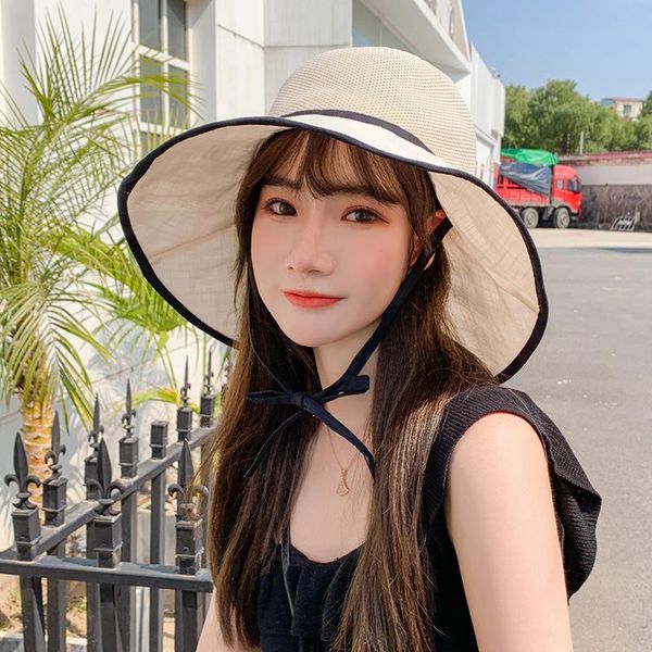 

summer thin fisherman hat, japanese and korean version of sunshade sun big edge, wild breathable mesh windproof hat outdoor hats, Black;white