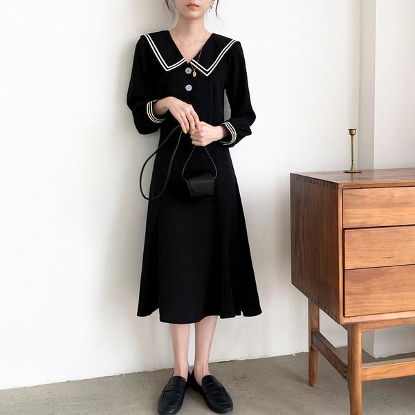 

casual dresses 2021 spring dress women korean black elegant long sleeve women's autumn cute midi vestido de festa kj4505, Black;gray