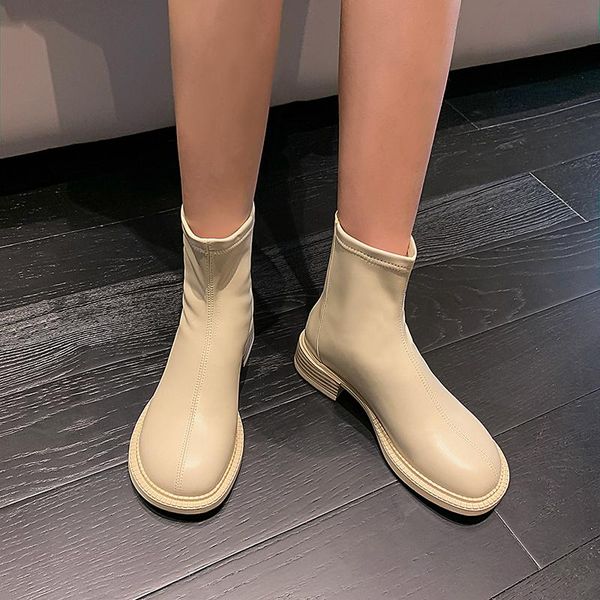 

boots back zipper ankle genuine leather round toe chunky heels pumps for women winter office lady working shoes woman, Black