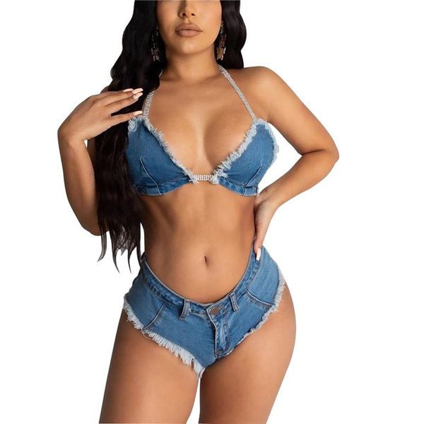 

women's swimwear ladies summer denim set adults women creative tassels edge hanging neck tie up backless bikini swimsuit biquini, White;black