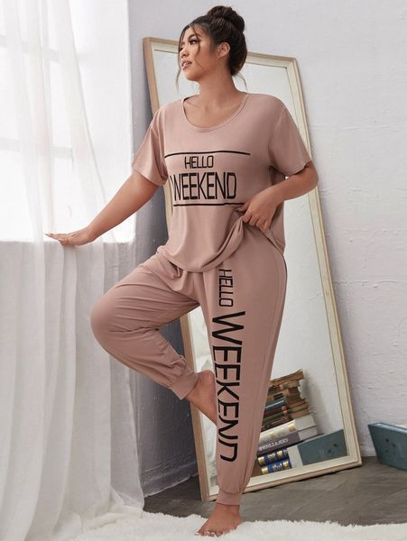 

plus slogan graphic pajama set d5ty#, Black;white