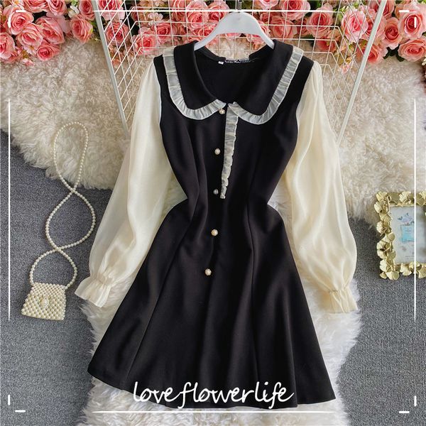 

loveflowerlife spring autumn vintage solid a line puff sleeve dress peter pan collar high waist mid calf women dresses 210521, Black;gray