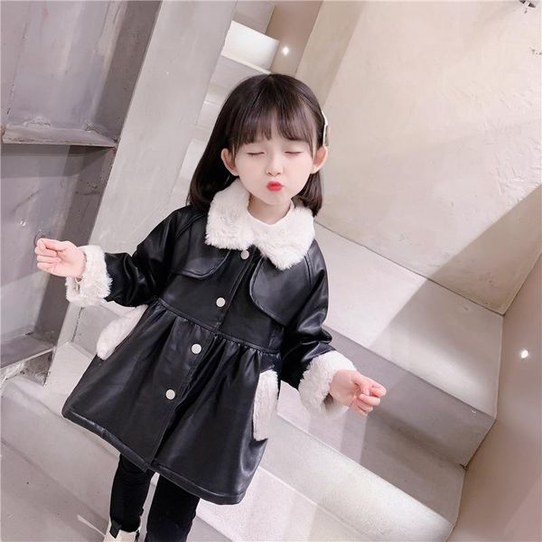 

jackets jacket for girls autumn winter 2021 wool turn-down collar faux leather baby mid-length thick coat children clothing, Blue;gray