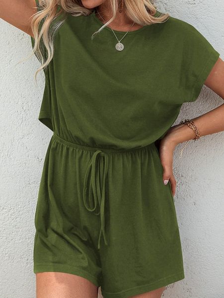 

solid batwing sleeve knot waist button back romper z8bj#, White