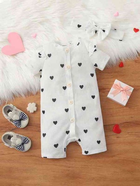 

baby heart print button front frill romper she, Blue