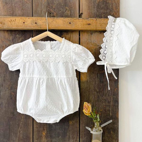 

summer baby girl short sleeve embroider rompers pure color kids born clothes clothing sets, White