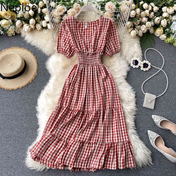 

neploe retro plaid dress women french v neck short sleeve dresses femme fashion casual slim waist a line ladies vestidos 1d017 210423, Black;gray