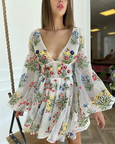 

casual dresses pinkou women fashion embroidery mesh dress deep v neck flare sleeve vintage female chic mini qa345, Black;gray