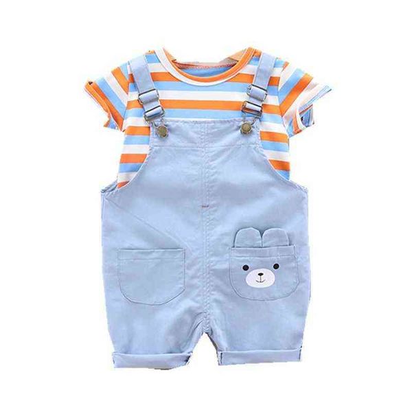 Estate Bambini Cotone Baby Boy Girl Vestiti Cartoon Stripe Magliette Pantaloncini con bretelle 2 Pz / set Infant Kids Fashion Toddler Tute G0119