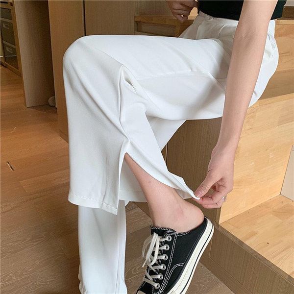 

women's pants & capris hzirip summer thin split pant solid 2021 large size straight chic brief slim loose waist, Black;white