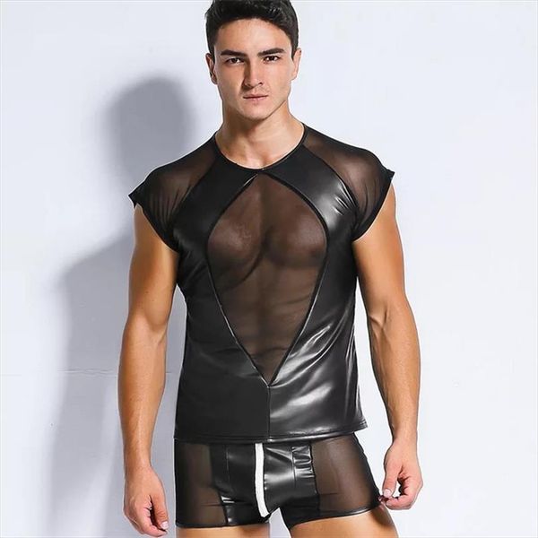

mens mesh faux leather patchwork tank ,mens vest,with shorts, White;black