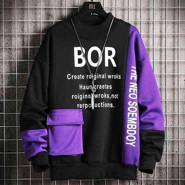 

letter printed sweatshirt men high street hoodie mens fashion patchwork sweatshirts with pocket male o-neck casual 220105, Black